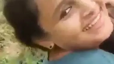Indian outdoor sex of a guy sucking his GF’s tight boobs