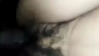 Desi girl has XXX tool of man behind the camera in her hairy pussy